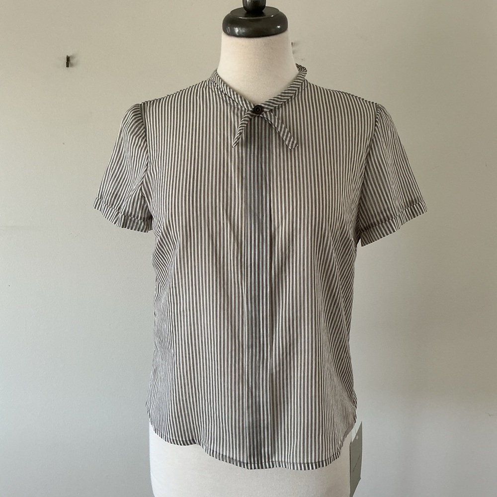 RINA ZIN Sheer Short Sleeve Brown&White Striped Blouse with Faux Necktie Size S